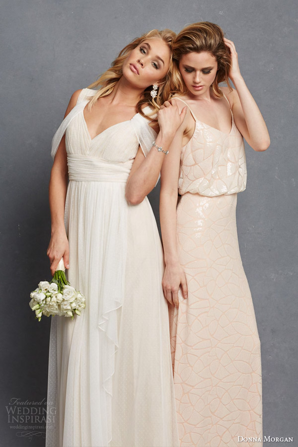 donna morgan bridal bridesmaid dresss colette gown shoulder drape olivia blouson sleeveless gown