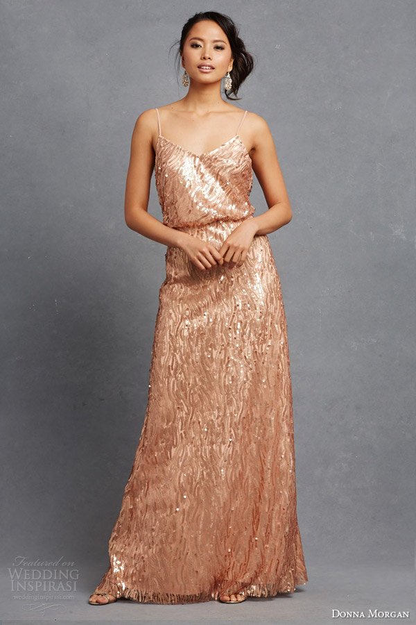 donna morgan bridesmaid courtney dress metallic sequin copper rose gold blouson sleeveless dress straps