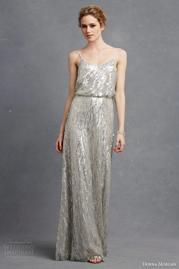 donna morgan bridesmaid courtney dress metallic sequin silver blouson sleeveless dress straps