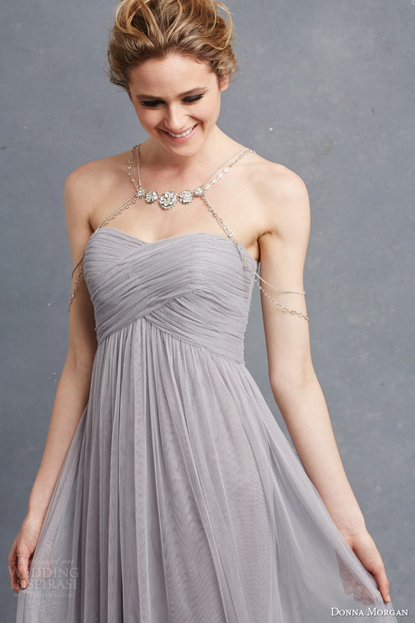 donna morgan bridesmaid dress felicity strapless empire gown whisper grey shown with chain embellishment necklace