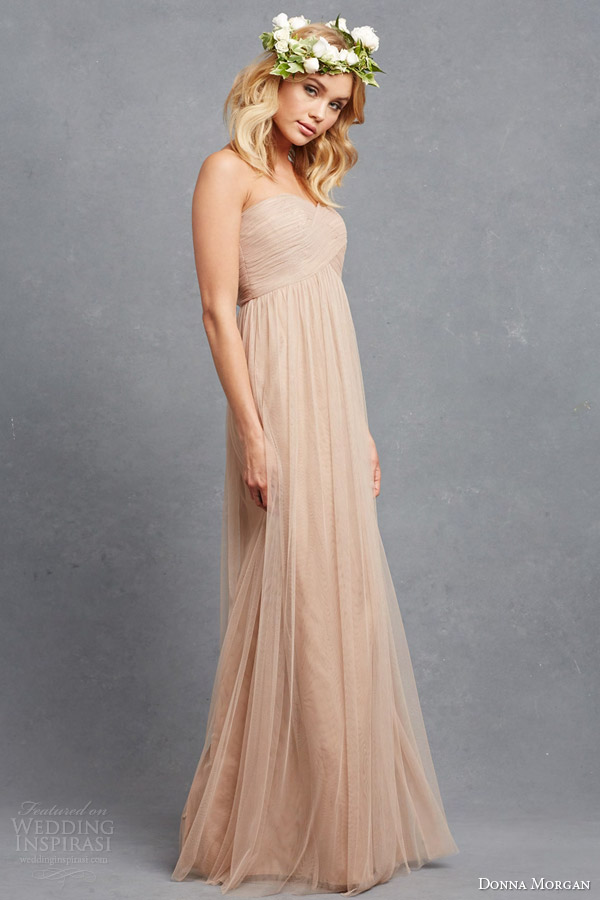 donna morgan bridesmaid dress rose strapless empire wedding dress draped bodice bohemian rose headdress