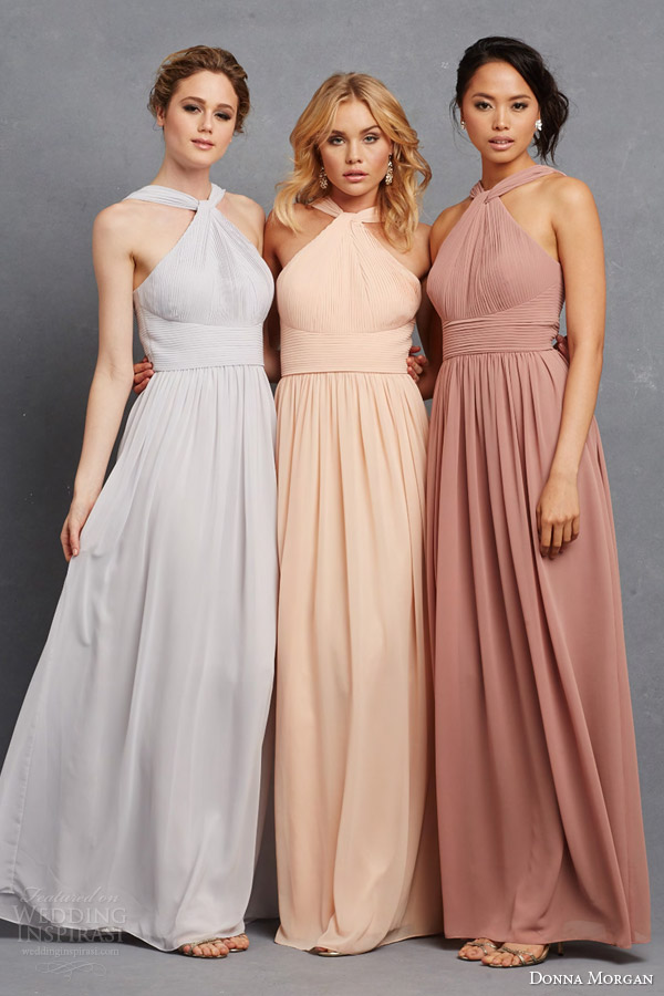 donna morgan bridesmaid dresss in neutral pastel shades grey peach pink blush