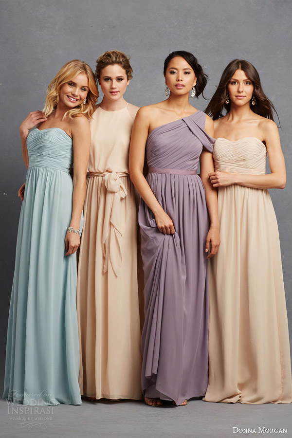 donna morgan pastel bridesmaid dresss neutral tone dresses powder blue champagne pink peach lavender almond necklines