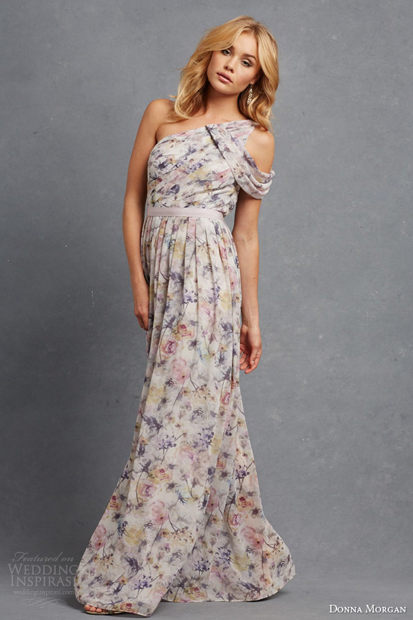 donna morgan pretty bridesmaid dress multicolor pink floral print chloe one shoulder gown