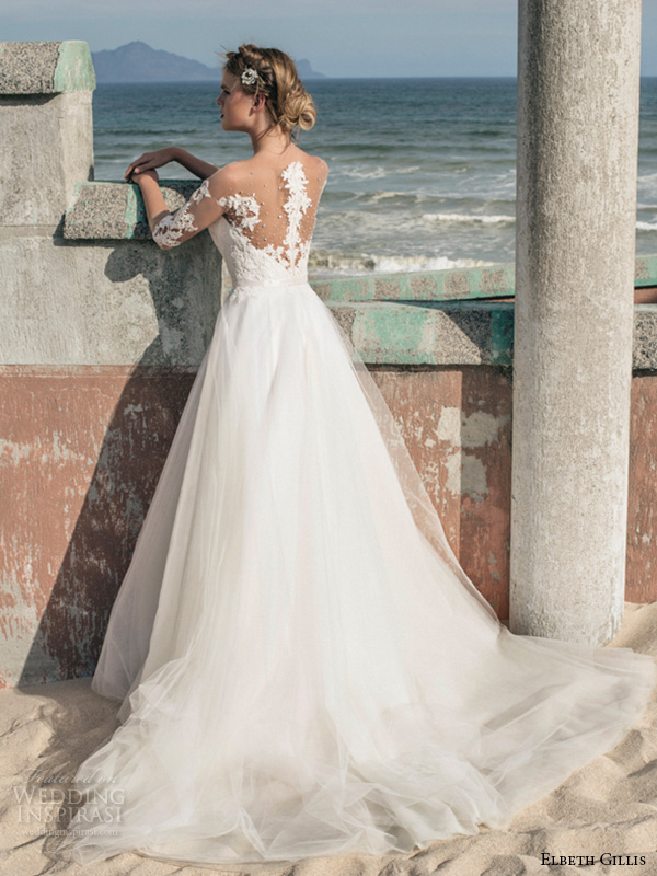 elbeth gillis 2016 bridal illusion lace half sleeves sweetheart neckline tulle ball gown wedding dress lila back view