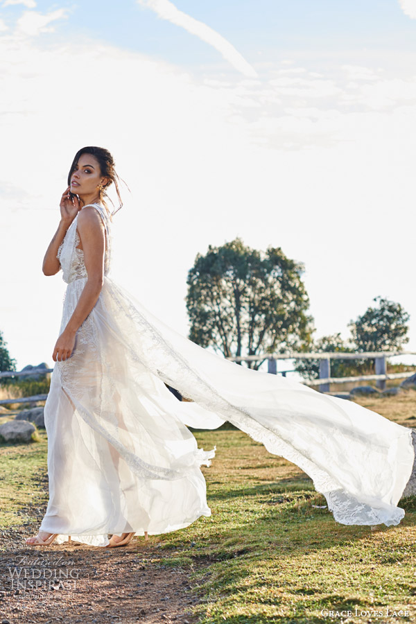 grace loves lace bridal 2015 genevive french chantilly eyelash lace strech lace silk chiffon wedding dress side view