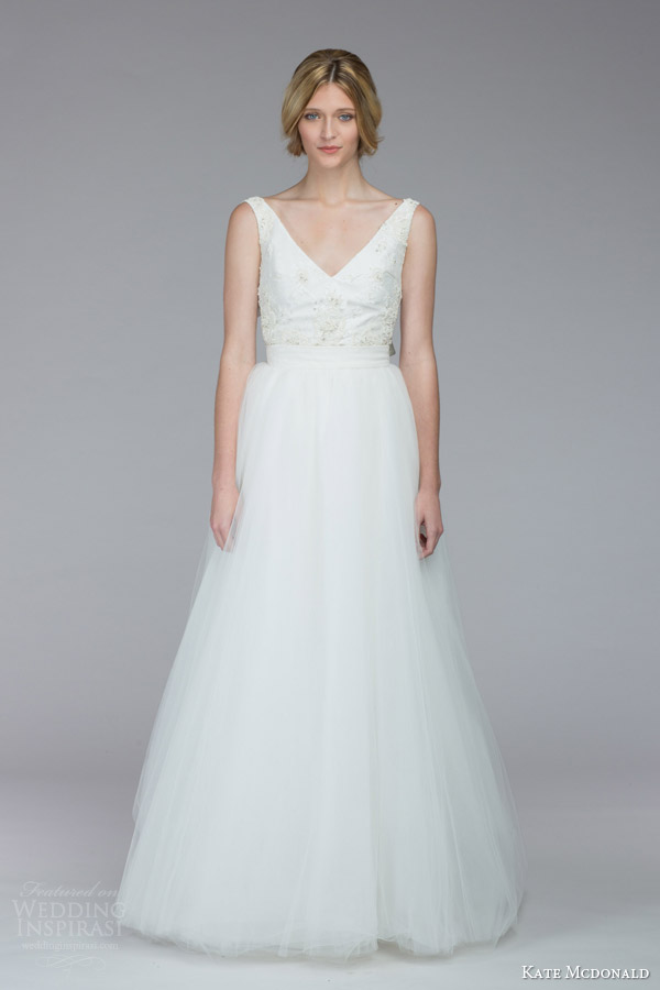 kate mcdonald bridal fall 2015 calhoun sleeveless a line wedding dress v neckline