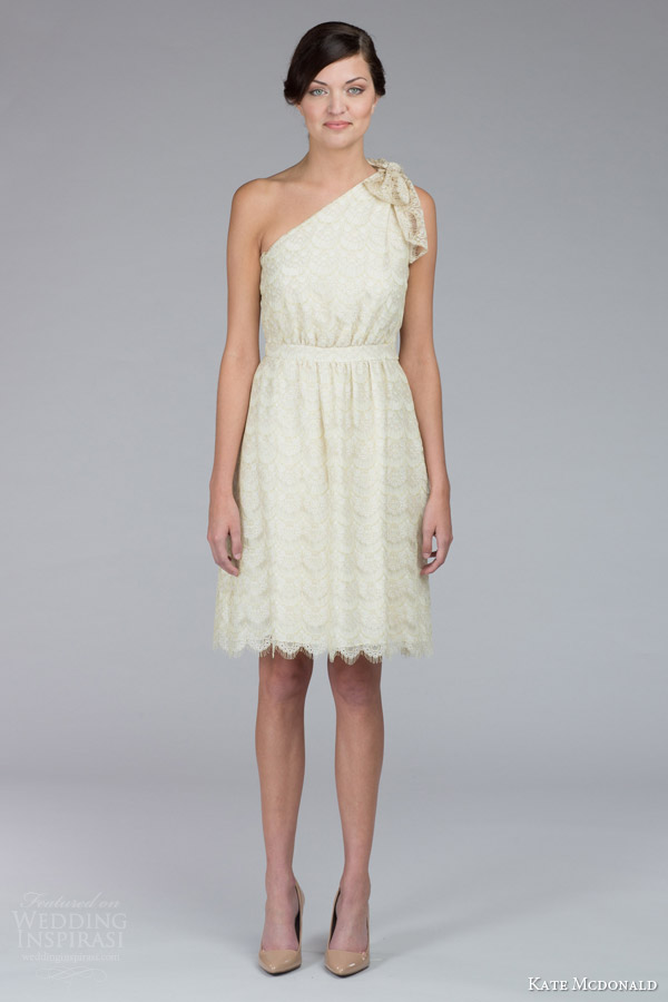 kate mcdonald bridal fall 2015 cameron one shoulder bow front mini short lace wedding dress scalloped hem kate mcdonald bridal fall 2015 cameron one shoulder bow front mini short lace wedding dress scalloped hem