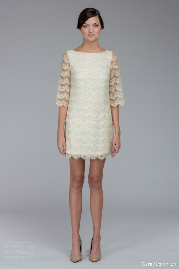 kate mcdonald bridal fall 2015 lindsey lace shift mini wedding dress scalloped hem three quarter sleeves