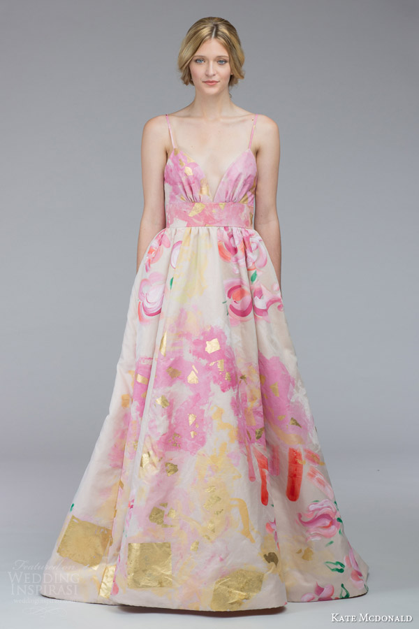 kate mcdonald bridal fall 2015 mcleod floral print wedding dress sleeveless spaghetti straps a line silhoutte