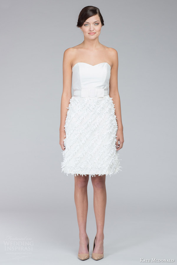 kate mcdonald bridal fall 2015 pearl tulle strapless sweetheart mini wedding dress fringe skirt