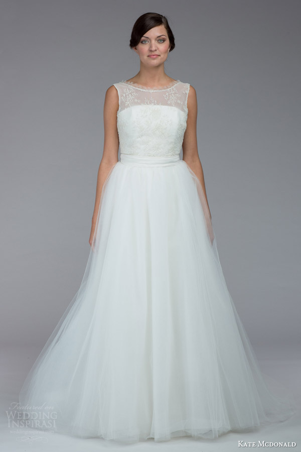 kate mcdonald bridal fall 2015 pollitzer sleeveless wedding dress illusion neckline bateau eyelash lace tulle over skirt