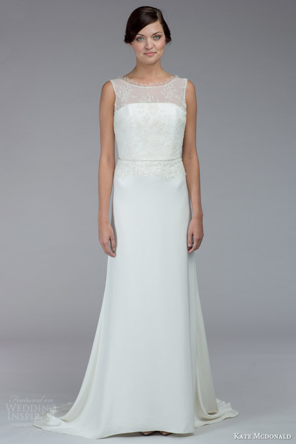 kate mcdonald bridal fall 2015 pollitzer sleeveless wedding dress illusion neckline bateau eyelash lace