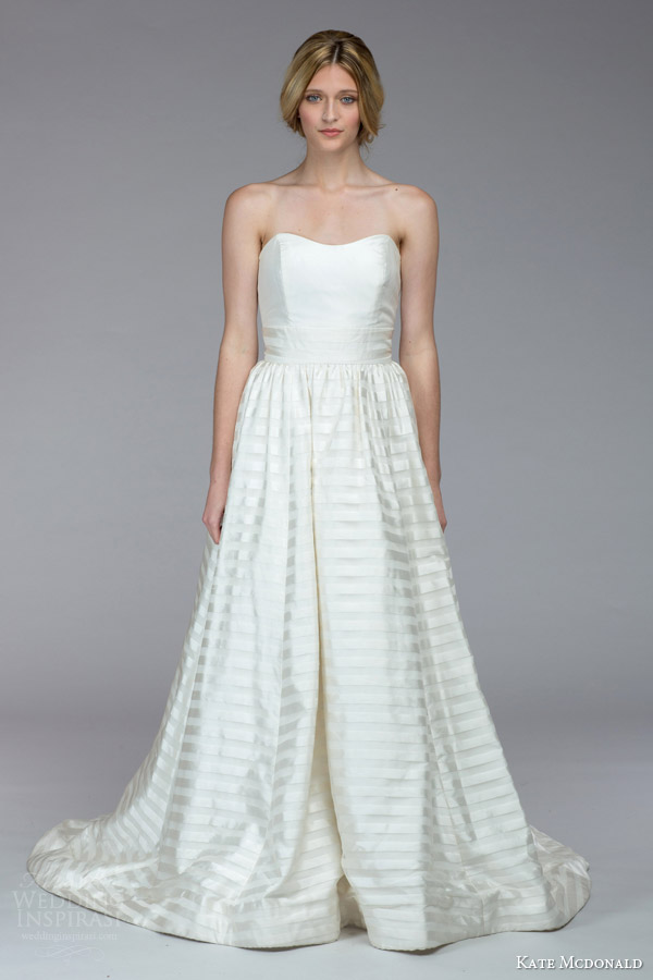 kate mcdonald bridal fall 2015 powell strapless wedding dress stripe skirt