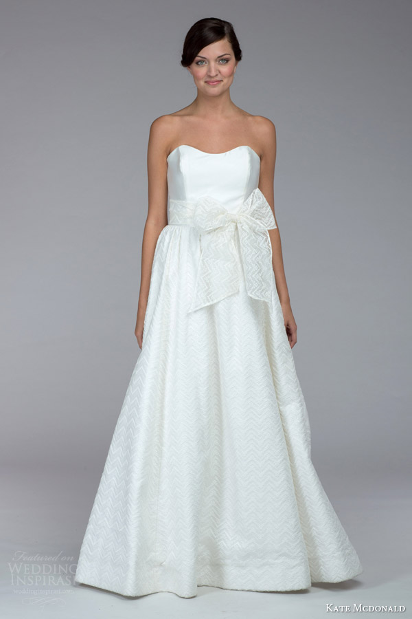 kate mcdonald bridal fall 2015 roberts strapless wedding dress bow front skirt