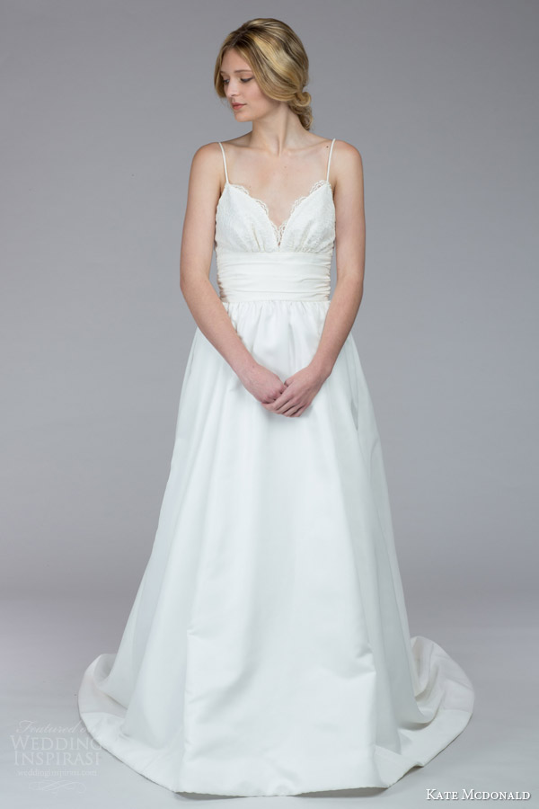 kate mcdonald bridal fall 2015 stephens sleeveless wedding dress spaghetti straps ruched bodice cummerbund