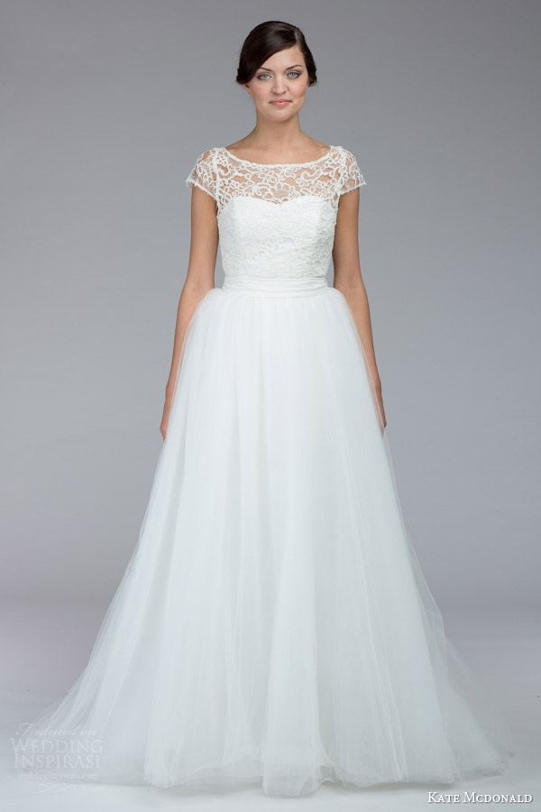 kate mcdonald bridal fall 2015 tierney illusion cap sleeve lace knee length wedding dress a line tulle over skirt