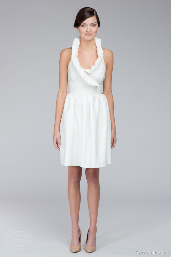 kate mcdonald bridal fall 2015 zoe textured sleeveless mini short wedding dress raised collar