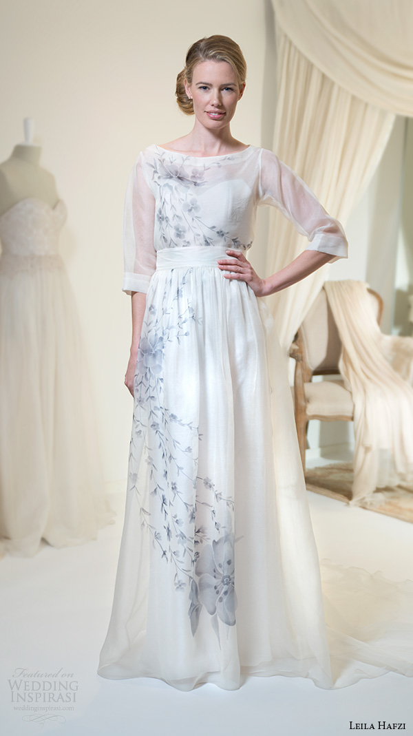 leila hafiz 2016 wedding dresses illusion 3 4 sleeves top hand painted floral prints sheath wedding dress santwana