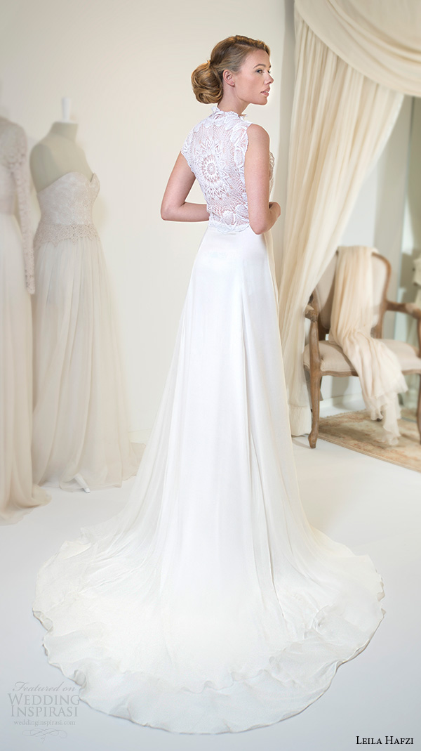 leila hafiz 2016 wedding dresses sleeveless high neckline lace pattern bodice sheath wedding dress sahasa back view