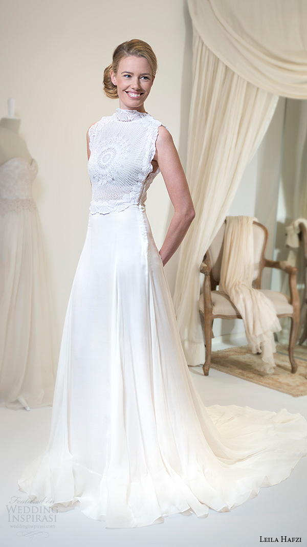 leila hafiz 2016 wedding dresses sleeveless high neckline lace pattern bodice sheath wedding dress sahasa