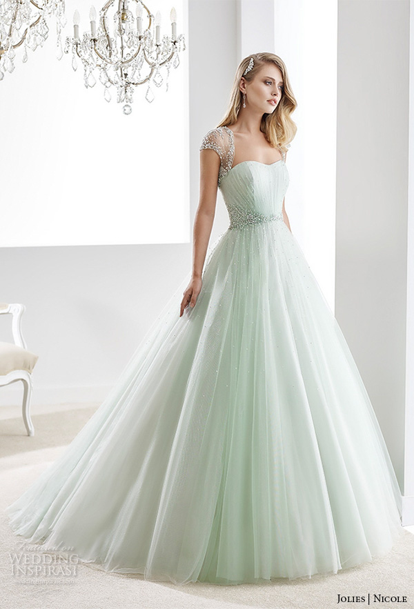 nicole jolies 2016 wedding dresses beaded sheer cap sleeves sweetheart neckline pastel green tulle a line wedding dress joab16423