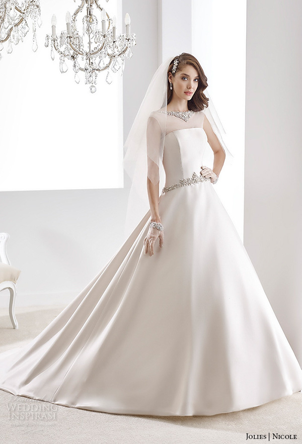 nicole jolies 2016 wedding dresses sleeveless sheer boat neckline satin a line wedding dress joab16489