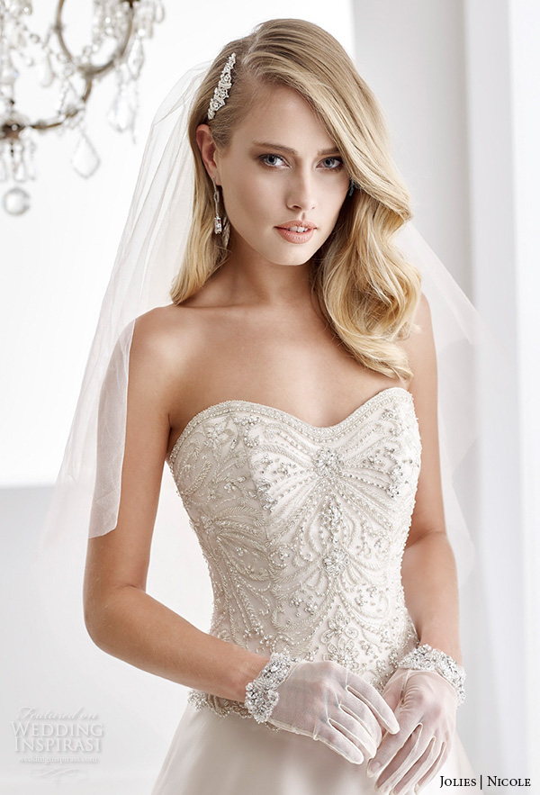 nicole jolies 2016 wedding dresses strapless sweetheart neckline beaded bodice ivory satin a line wedding dress joab16408 close up