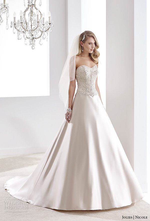 nicole jolies 2016 wedding dresses strapless sweetheart neckline beaded bodice ivory satin a line wedding dress joab16408