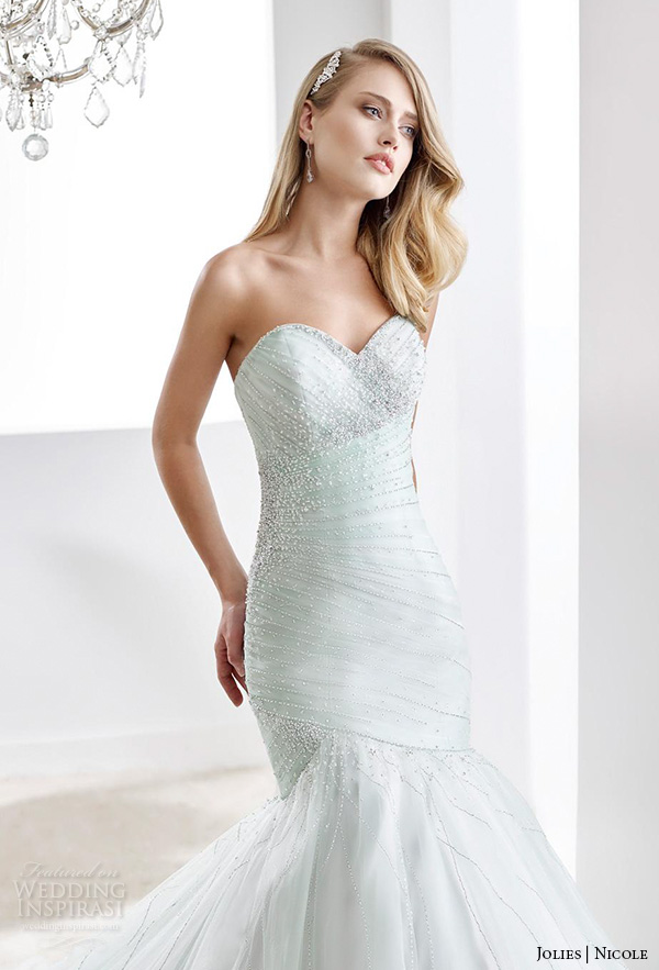 nicole jolies 2016 wedding dresses strapless sweetheart neckline beaded pastel green pretty mermaid wedding dress joab16424 close up