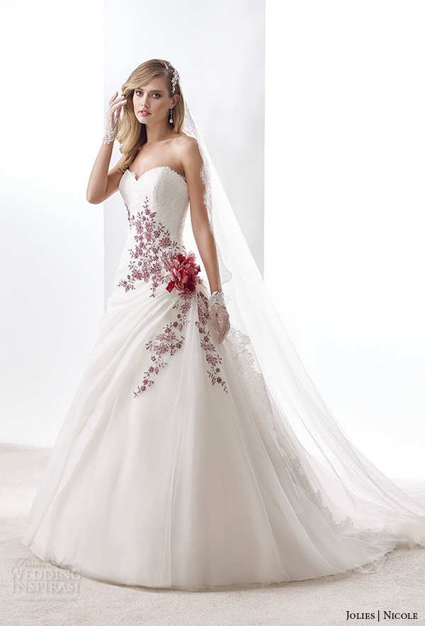 nicole jolies 2016 wedding dresses strapless sweetheart neckline red accent beautiful a line wedding dress joab16468