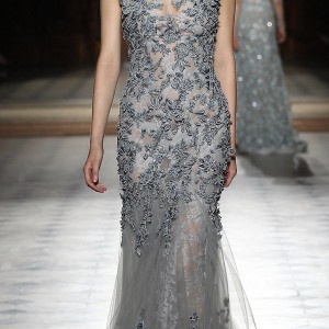 tony ward couture fall winter 2015 2016 look 12 sleeveless gray embroidered dress sheer skirt