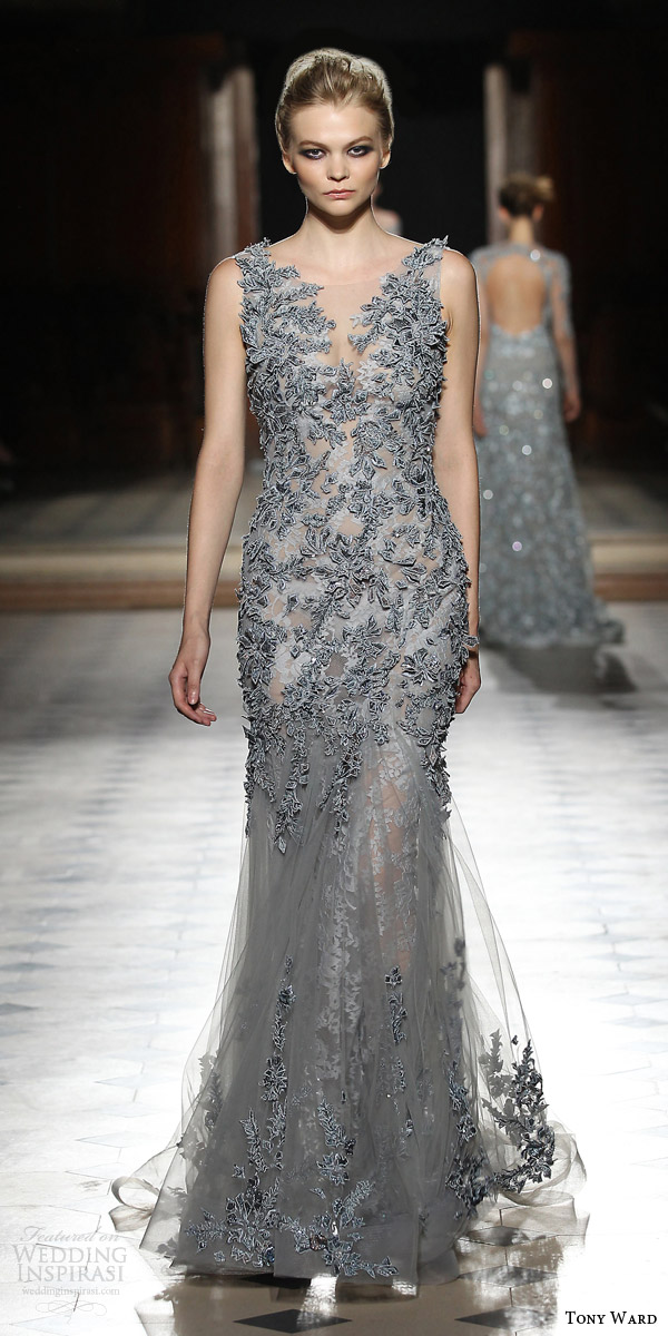 tony ward couture fall winter 2015 2016 look 12 sleeveless gray embroidered dress sheer skirt