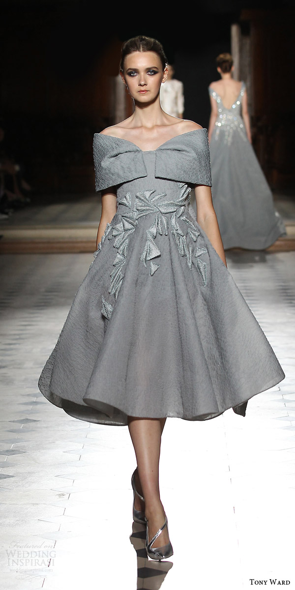 tony ward couture fall winter 2015 2016 look 14 off shoulder knee length dress gray grey applique tony ward couture fall winter 2015 2016 look 14 off shoulder knee length dress gray grey applique