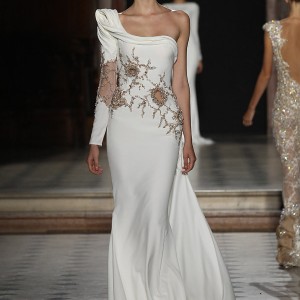 tony ward couture fall winter 2015 2016 look 20 one shoulder haute couture wedding dress long sleeve sheer insert