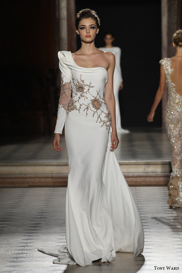 tony ward couture fall winter 2015 2016 look 20 one shoulder haute couture wedding dress long sleeve sheer insert