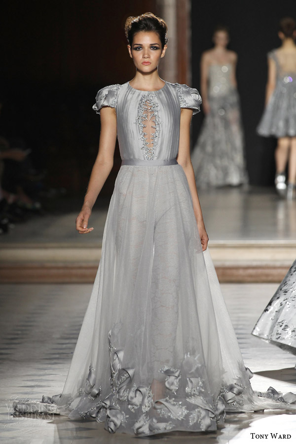 tony ward couture fall winter 2015 2016 look 37 puff short sleeve gray haute couture dress a line sheer over skirt