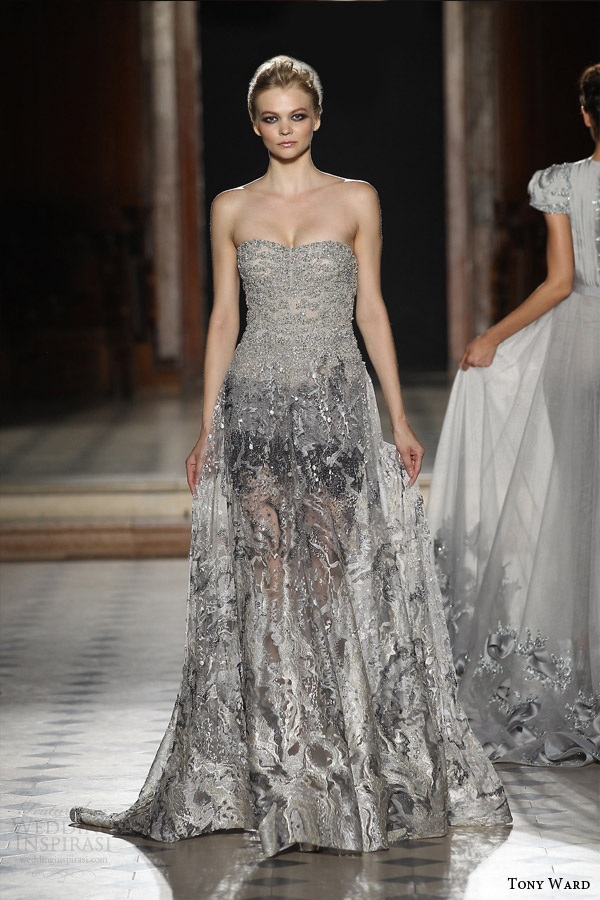 tony ward couture fall winter 2015 2016 look 38 strapless silver metallic haute couture dress sheer skirt tony ward couture fall winter 2015 2016 look 38 strapless silver metallic haute couture dress sheer skirt