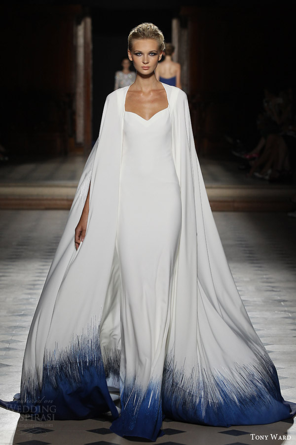 tony ward couture fall winter 2015 2016 look 6 cape sleeveless gown dip effect blue white