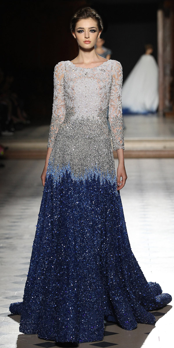 tony ward couture fall winter 2015 2016 look 7 long sleeve evening couture dress blue skirt embellished