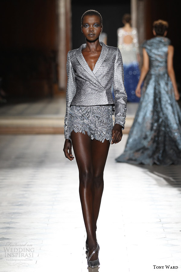 tony ward couture fall winter 2015 2016 look 9 silver blazer jacket crystalline motif bottom