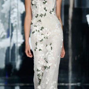 yolancris bridal 2016 badia strapless column wedding dress illusion lace floral applique green leaf