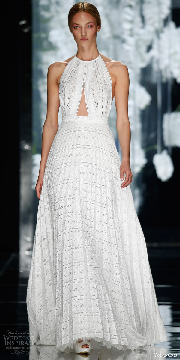 yolancris bridal 2016 lesseps sleeveless halter white organdie wedding dress cutout bodice