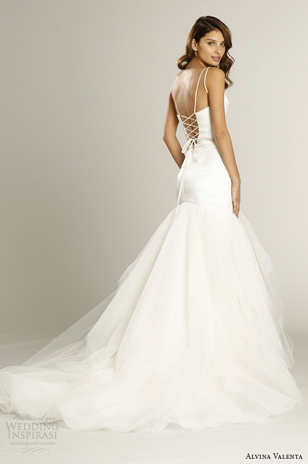 alvina valenta fall 2015 wedding dresses double spagetti strap sweetheart v neckline lace up v back silk satin organza mermaid wedding dress av9556 back view