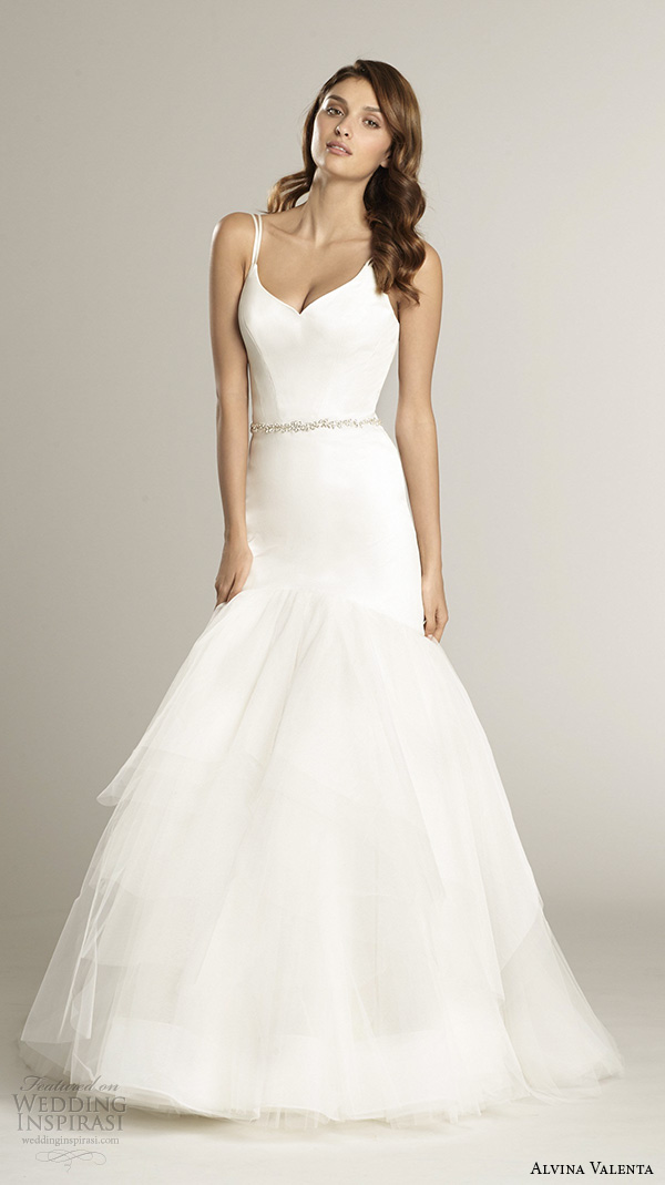 alvina valenta fall 2015 wedding dresses double spagetti strap sweetheart v neckline lace up v back silk satin organza mermaid wedding dress av9556 back view