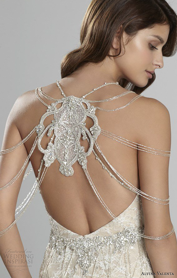 alvina valenta fall 2015 wedding dresses scoop neckline low open back ivory gold lace modified a line wedding dress shoulder jewelry av9557 back close up