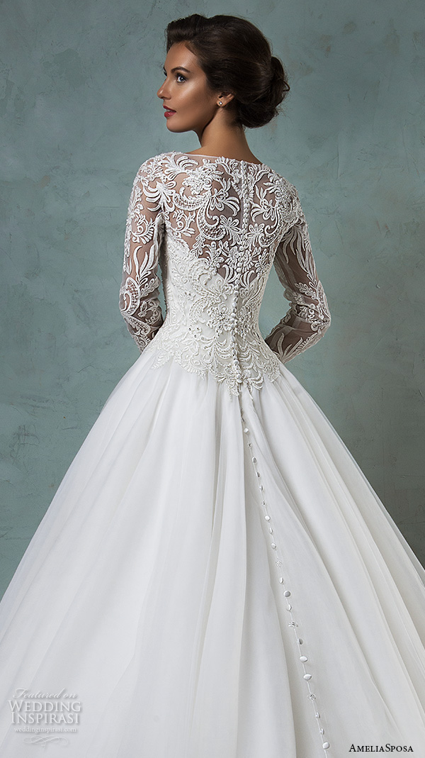 amelia sposa 2016 wedding dresses boat neckline lace long sleeves embroideried bodice beautiful a line ball gown wedding dress leticia back close up