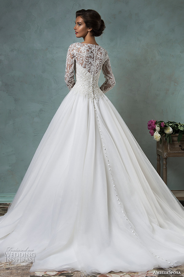 amelia sposa 2016 wedding dresses boat neckline lace long sleeves embroideried bodice beautiful a line ball gown wedding dress leticia back view