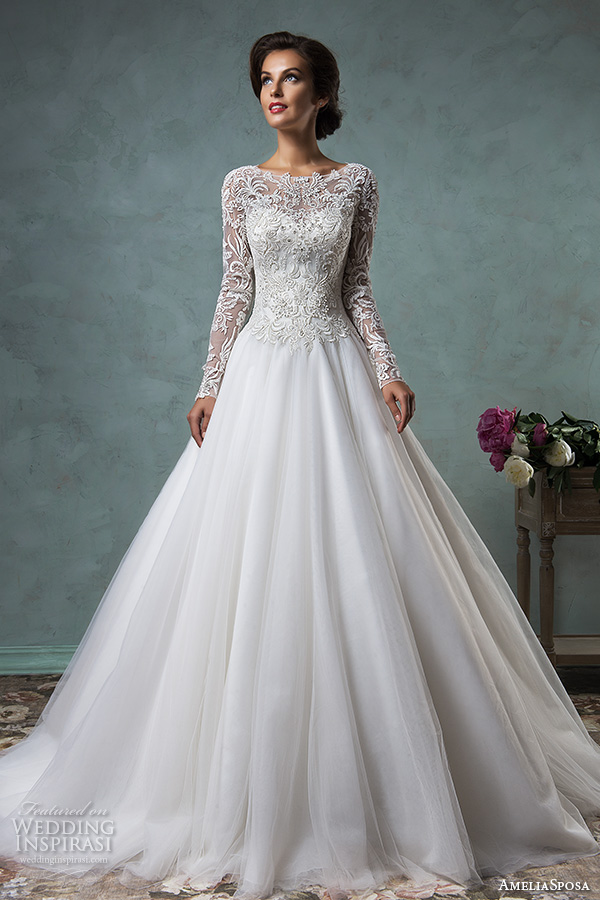 amelia sposa 2016 wedding dresses boat neckline lace long sleeves embroideried bodice beautiful a line ball gown wedding dress leticia