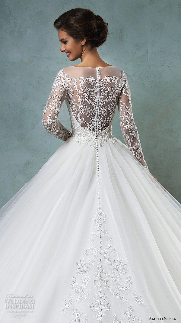 amelia sposa 2016 wedding dresses illusion bateau neckline long sleeves embroideried bodice a line ball gown wedding dress sierra back closeup